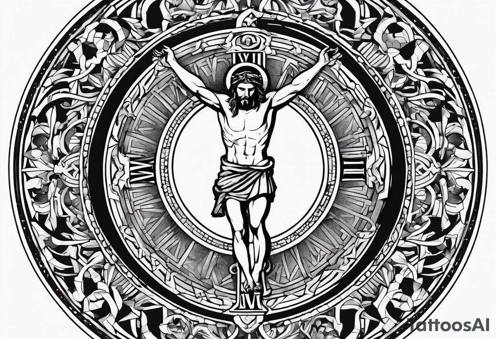 Circle made with Roman numerals, with a crucified man inside the circle tattoo idea