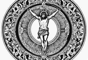 Circle made with Roman numerals, with a crucified man inside the circle tattoo idea
