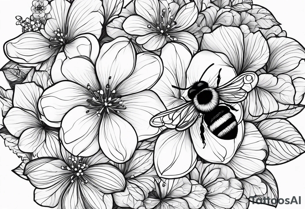 Small tattoo. There’s a hydrangea and a bee but they are not touching. Make the bee smaller than the hydrangea and have the bee off to the side. tattoo idea