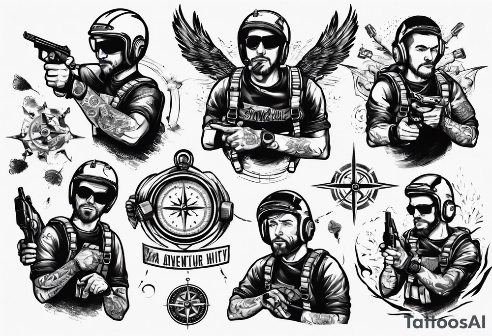 skydiving, shooting guns, compass, adventure tattoo idea