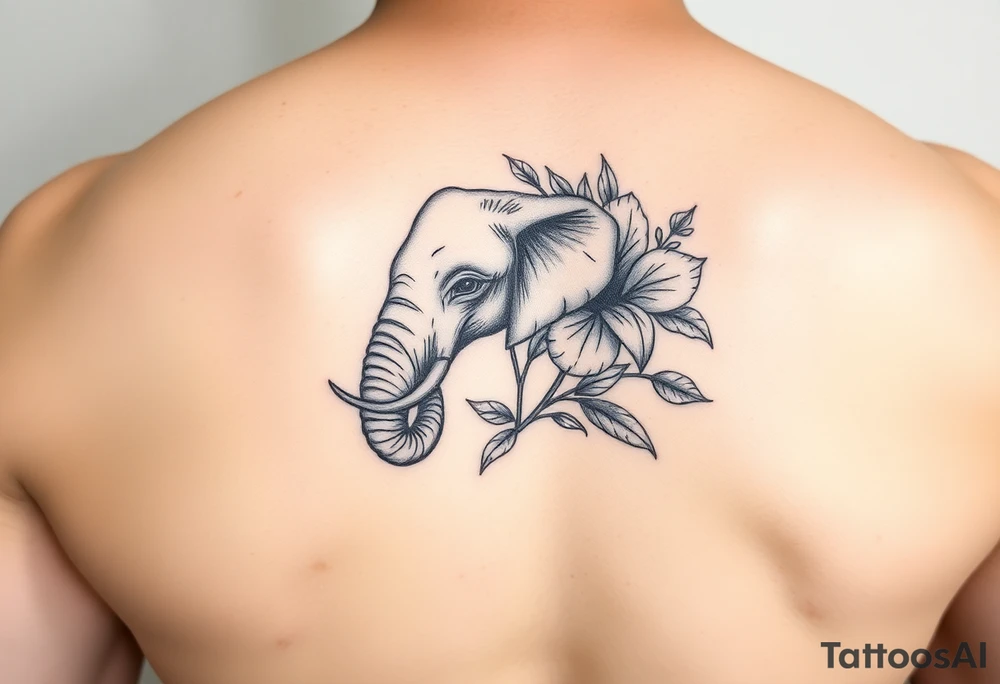 feminine elephant holding flower tattoo idea