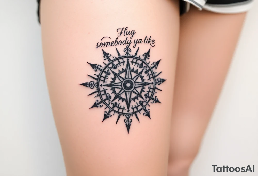 Sundial casting shadow with handwriting “Hug somebody ya like” above. tattoo idea