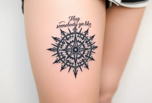 Sundial casting shadow with handwriting “Hug somebody ya like” above. tattoo idea