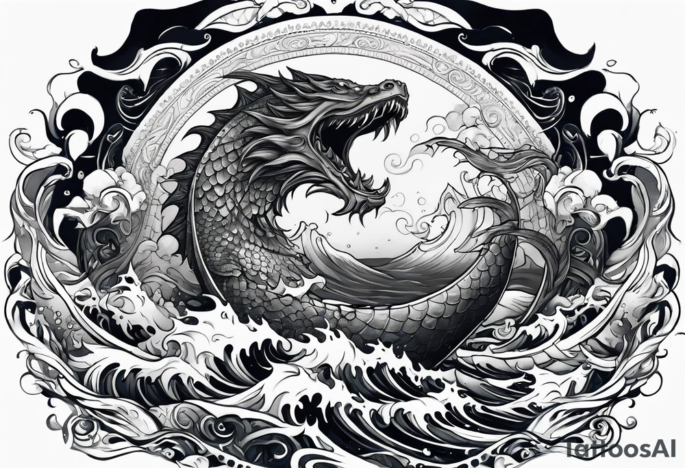 Thigh tattoo of a sea monster wrapped around Neptune the Greek god with waves tattoo idea