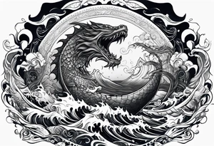 Thigh tattoo of a sea monster wrapped around Neptune the Greek god with waves tattoo idea
