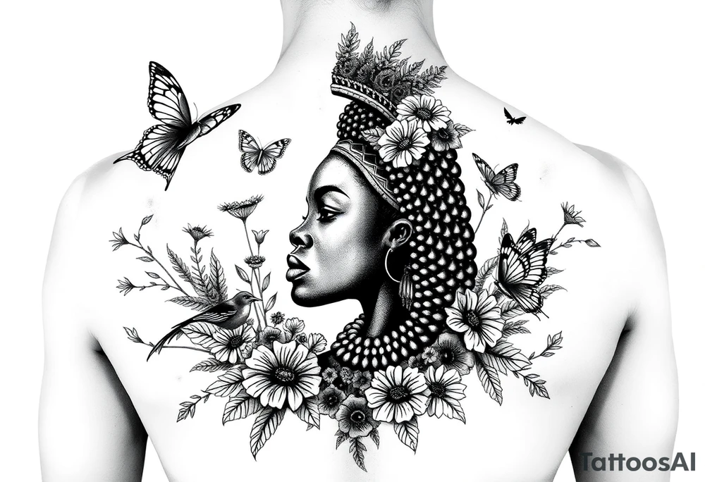 Nubian Queen in a garden with birds and butterflies tattoo idea