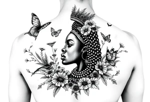 Nubian Queen in a garden with birds and butterflies tattoo idea