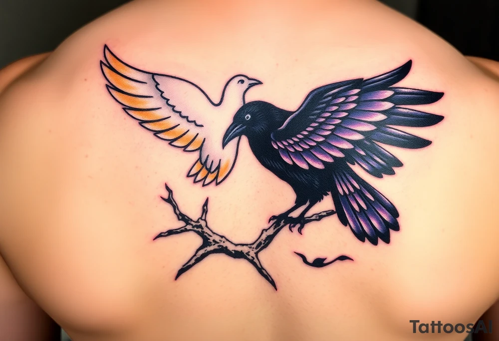 A pure white dove, soaring with soft golden light in its wings, is sharply contrasted with a black raven, its feathers shimmering in deep purples and blacks, perched ominously on a gnarled branch, symbolizing the tension between peace and darkness. tattoo idea