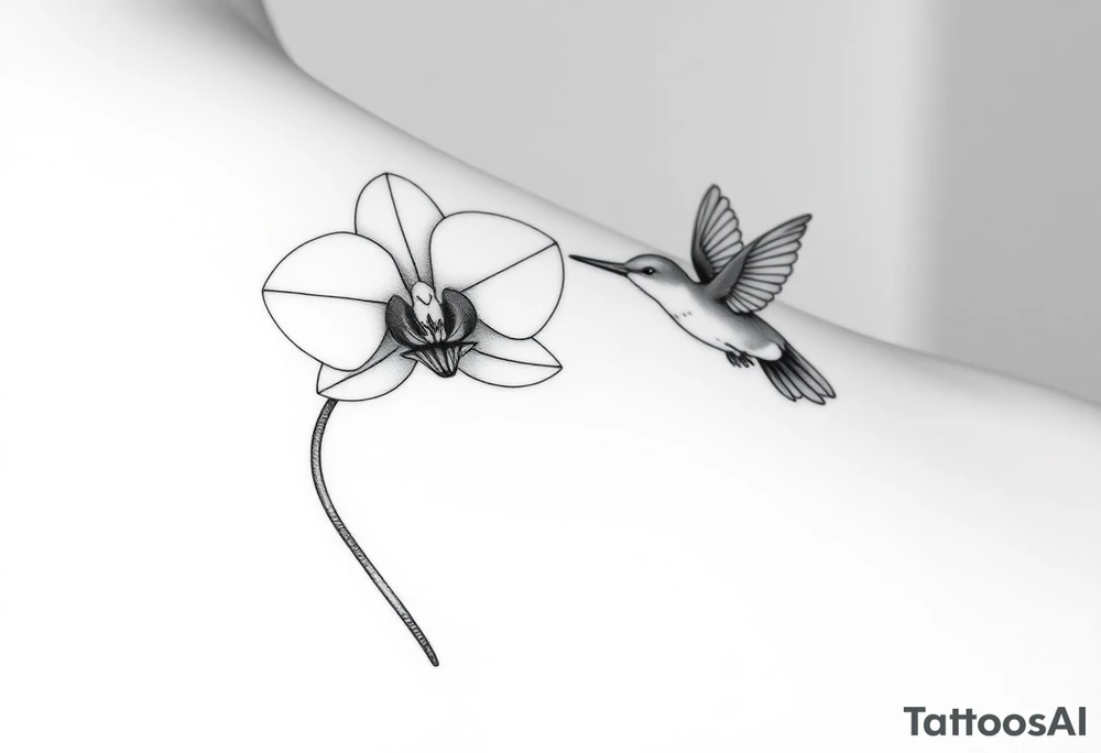 A delicate, black and white fine-line tattoo for make, featuring a gracefully detailed orchid in full bloom (stem and at least 2 flowers), with soft, intricate petals and elegant curves. Beside it, a hummingbird hovers mid-flight, its wings drawn with subtle motion lines, its slender beak reaching toward the orchid’s center to drink its nectar. The design captures a sense of balance and harmony, with the contrast between the stillness of the flower and the gentle energy of the bird. Perfectly suited for the upper arm, this piece combines nature’s beauty and movement in a timeless, minimalist style tattoo idea