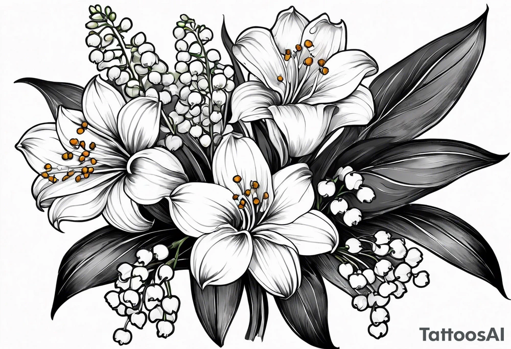 Small bunch. 1 Lily of the valley. 1 Marigold, 1 chrysanthemum, and 1 Lily combined together vertically with small leaves and vines tattoo idea