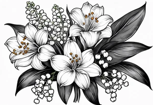 Small bunch. 1 Lily of the valley. 1 Marigold, 1 chrysanthemum, and 1 Lily combined together vertically with small leaves and vines tattoo idea