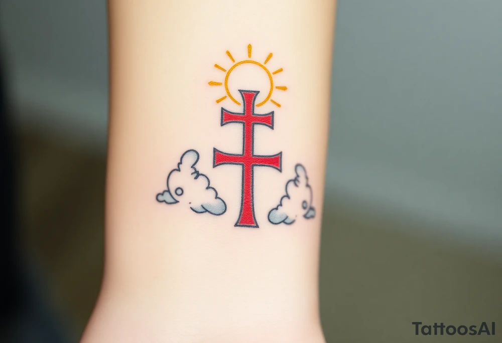 A red Templar cross with a golden halo above it, floating among soft, radiant clouds tattoo idea