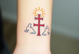 A red Templar cross with a golden halo above it, floating among soft, radiant clouds tattoo idea