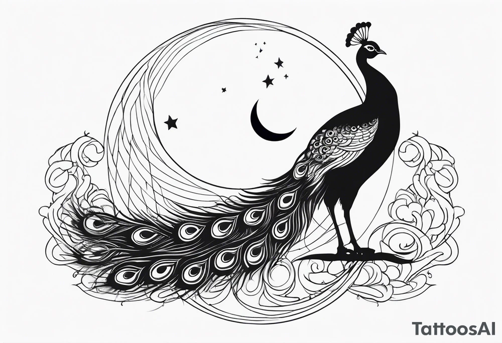 black and white peacock, moon above, infinity symbol tattoo idea