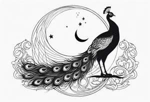 black and white peacock, moon above, infinity symbol tattoo idea