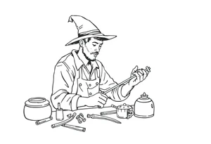 Young guy is exploring witch supplies, tools, equipment tattoo idea