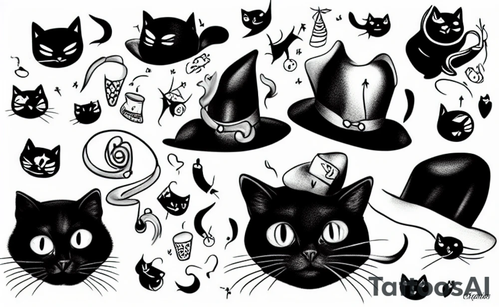 Black cat wearing a funny hat tattoo idea