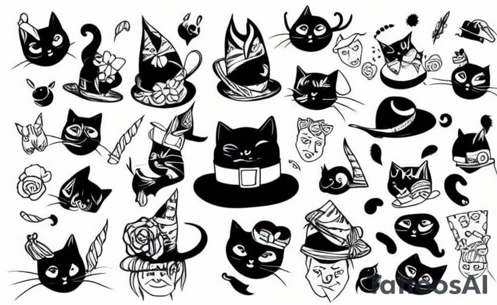 Black cat wearing a funny hat tattoo idea
