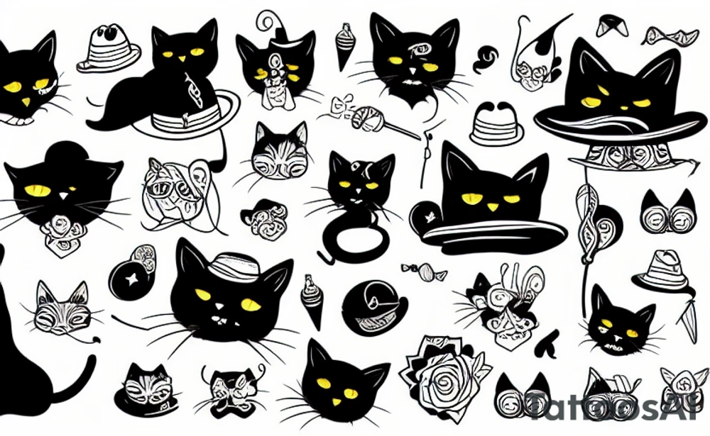 Black cat wearing a funny hat tattoo idea