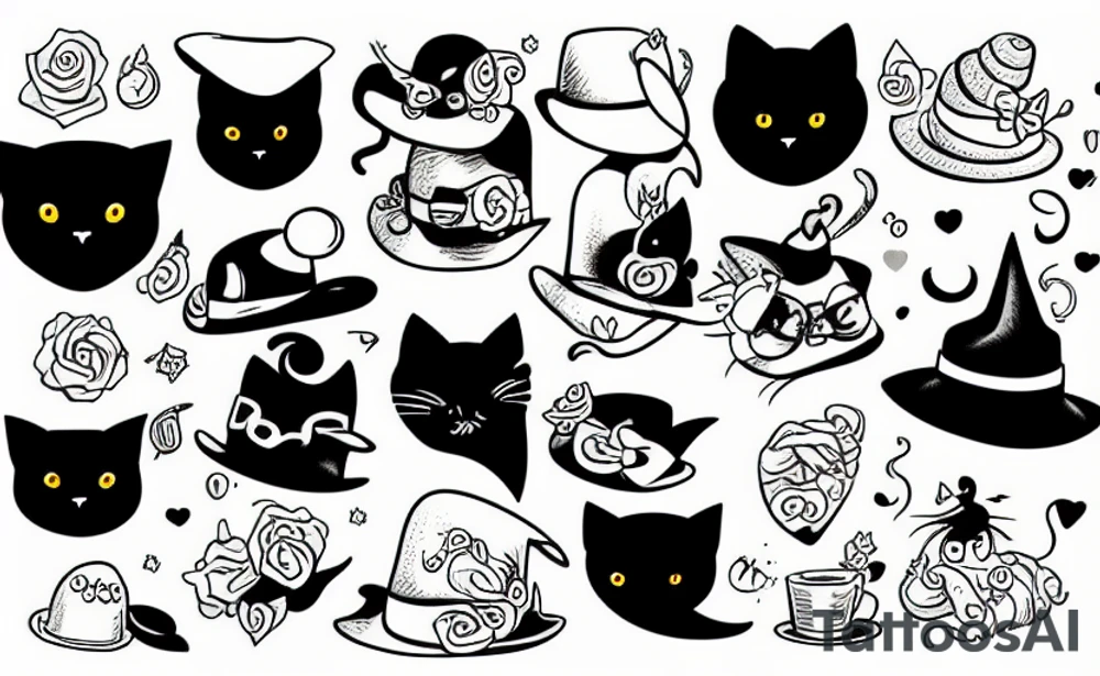 Black cat wearing a funny hat tattoo idea