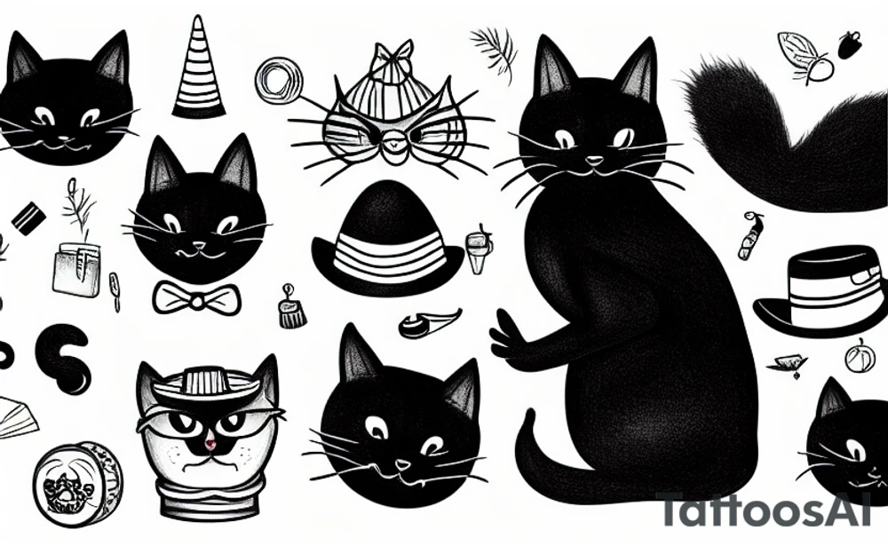 Black cat wearing a funny hat tattoo idea
