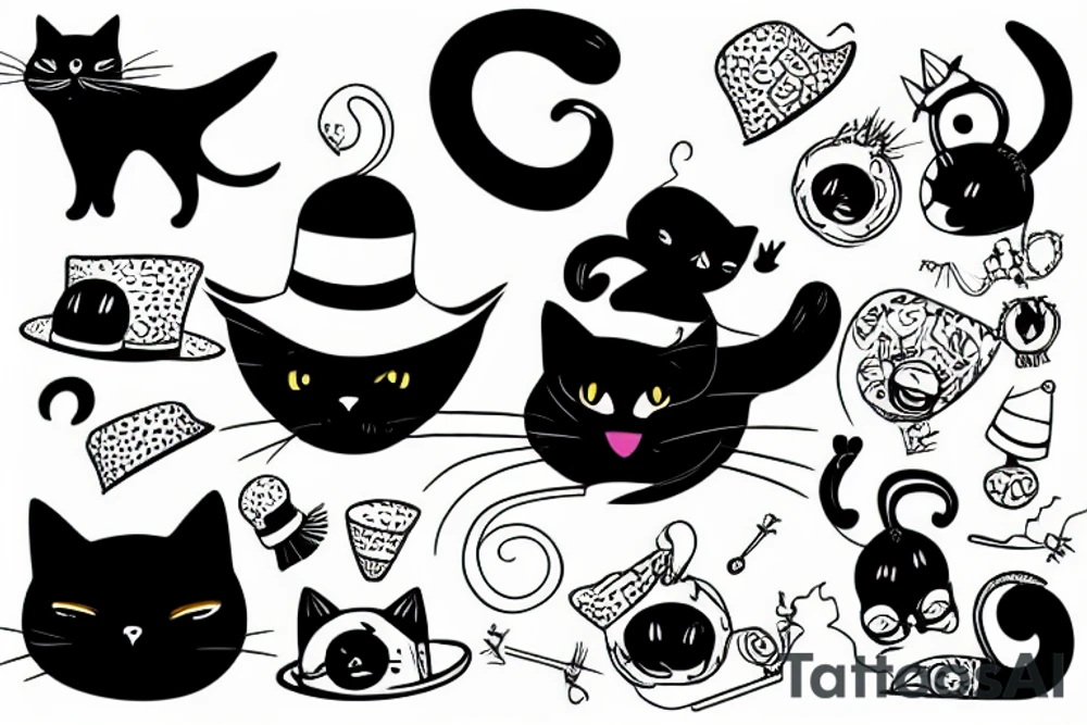 Black cat wearing a funny hat tattoo idea