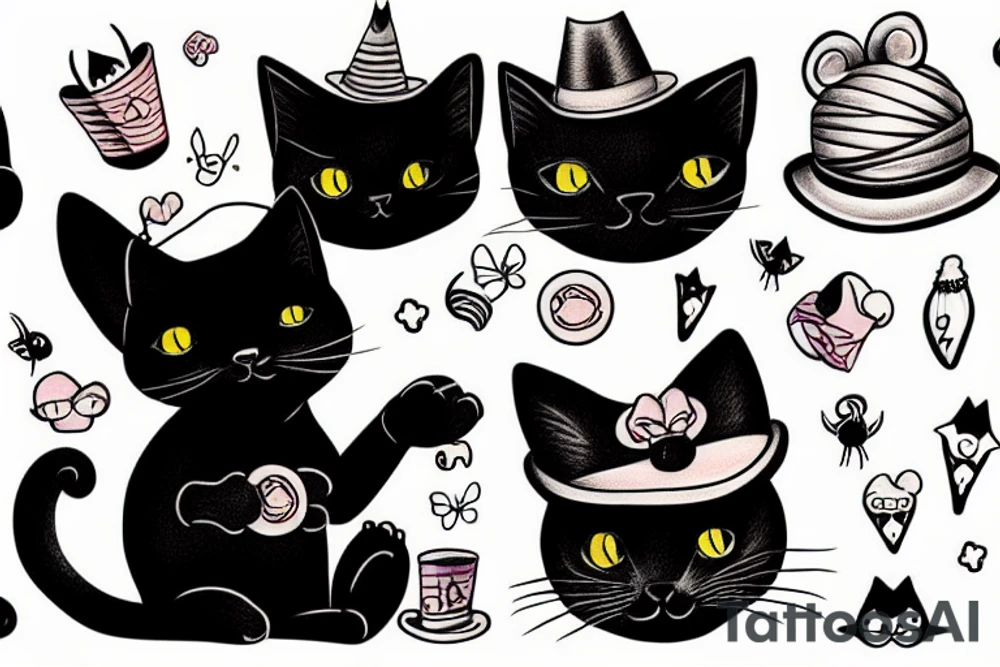 Black cat wearing a funny hat tattoo idea