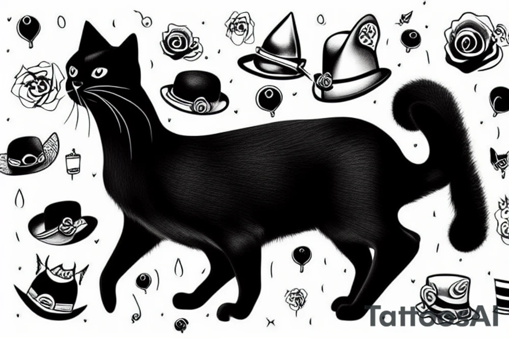 Black cat wearing a funny hat tattoo idea