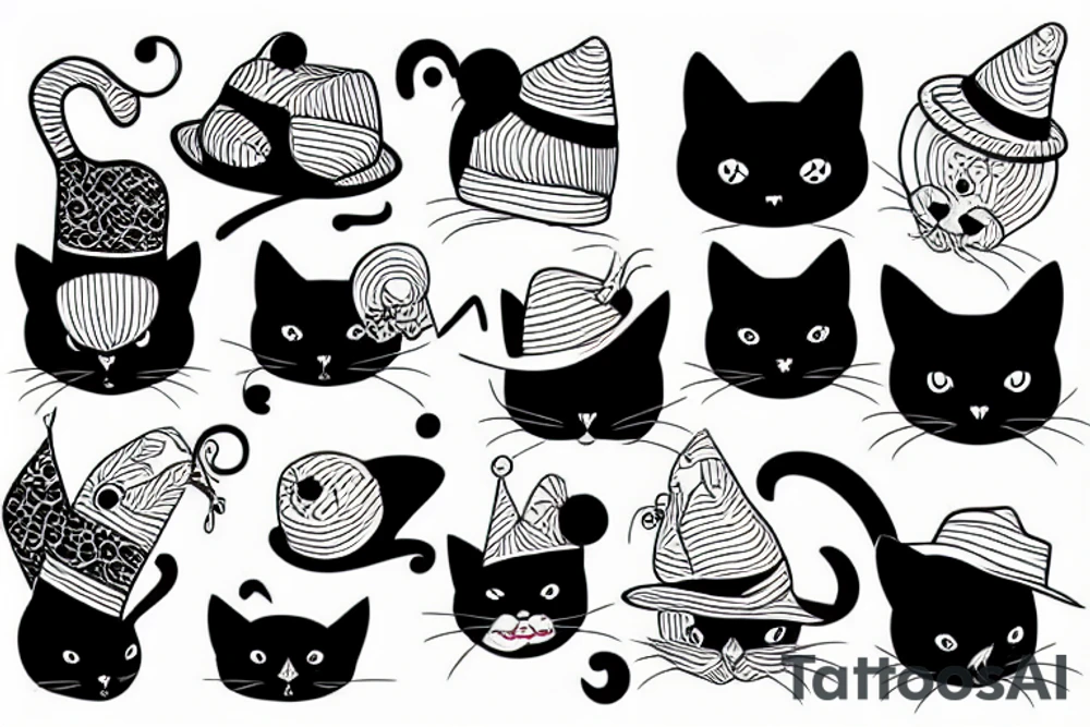 Black cat wearing a funny hat tattoo idea