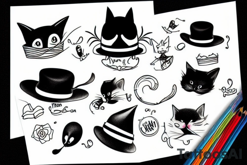 Black cat wearing a funny hat tattoo idea