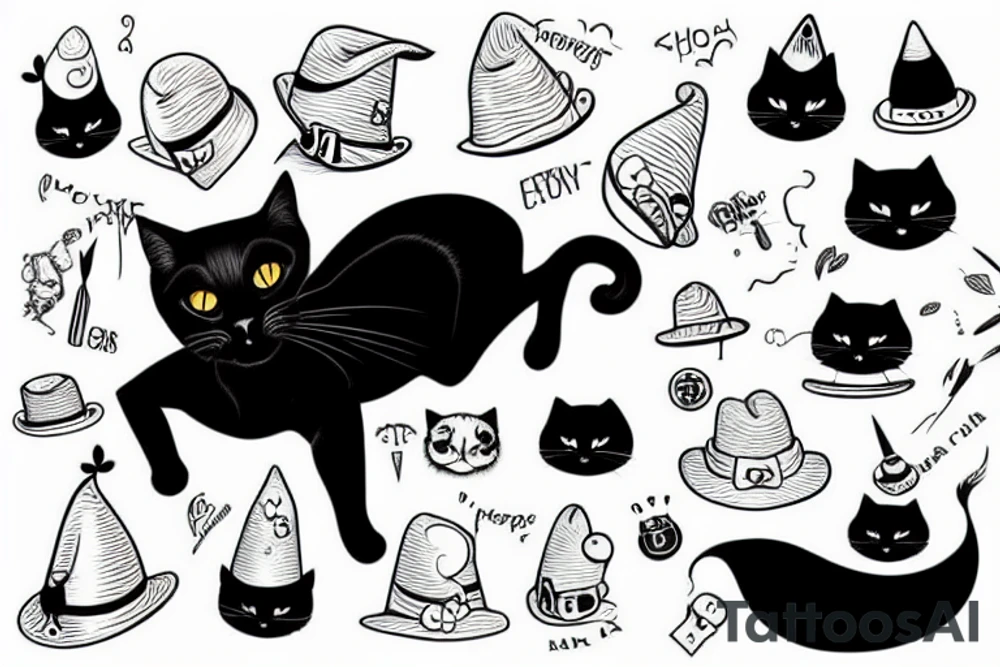 Black cat wearing a funny hat tattoo idea