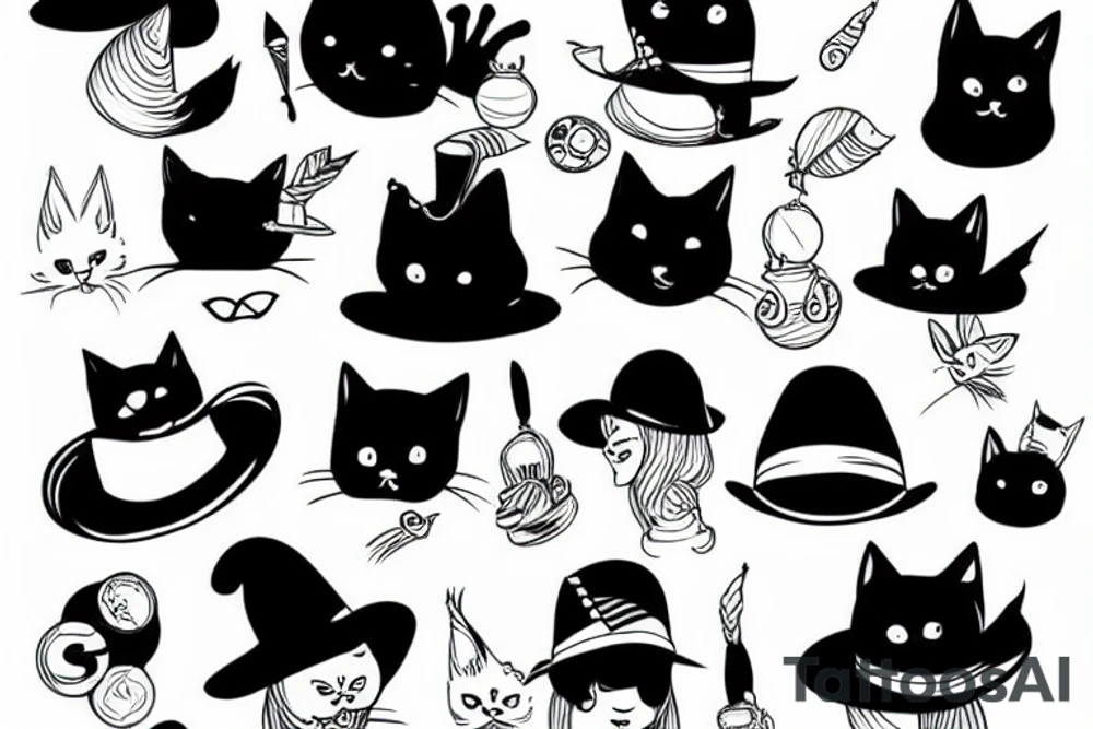Black cat wearing a funny hat tattoo idea