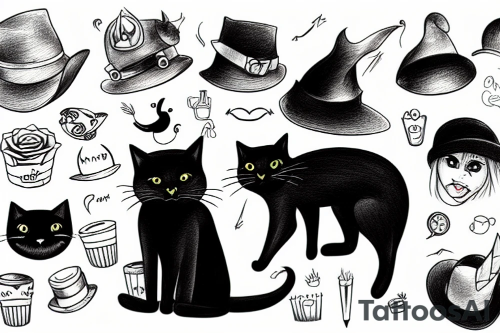 Black cat wearing a funny hat tattoo idea