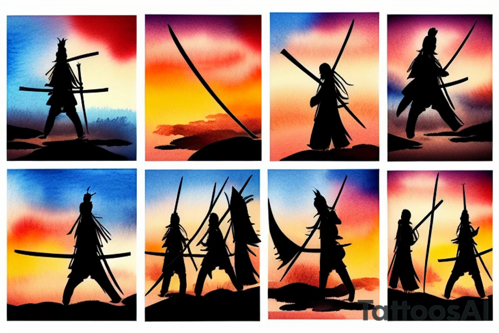 A samurai standing in the sunset with a katana tattoo idea