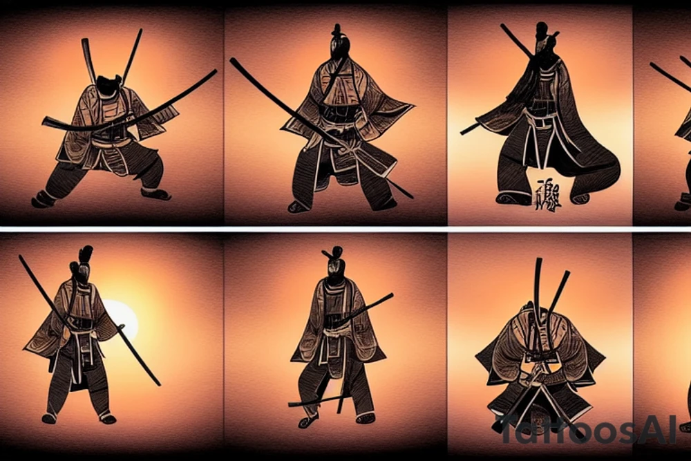 A samurai standing in the sunset with a katana tattoo idea
