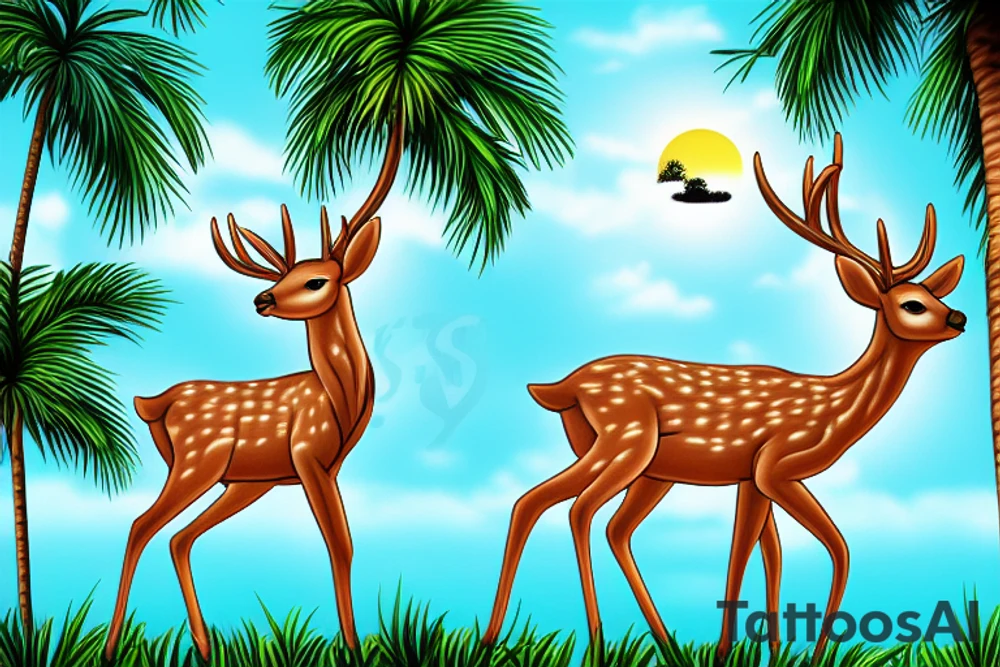 Deer under a palm tree on a high cliff tattoo idea
