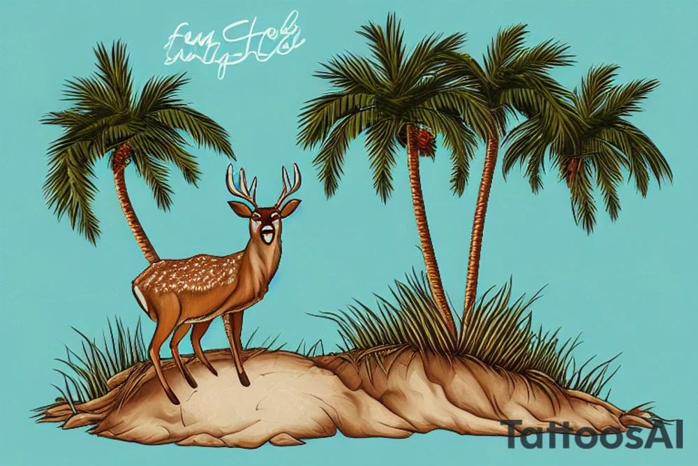 Deer under a palm tree on a high cliff tattoo idea