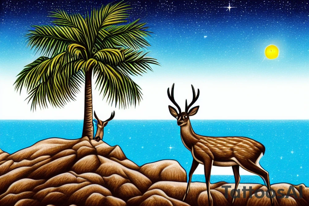 Deer under a palm tree on a high cliff overlooking starry night tattoo idea