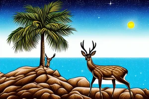 Deer under a palm tree on a high cliff overlooking starry night tattoo idea