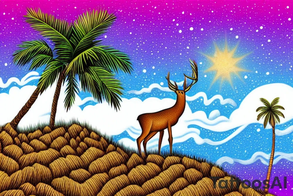 Deer under a palm tree on a high cliff overlooking starry night tattoo idea