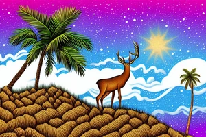 Deer under a palm tree on a high cliff overlooking starry night tattoo idea