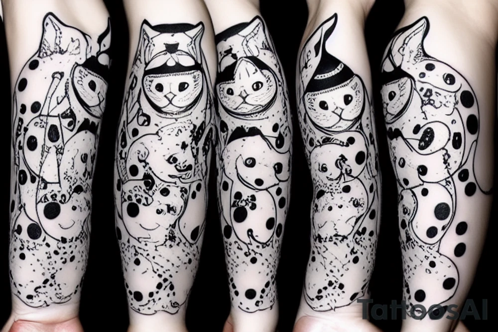 white cat with black spots leading a medieval army tattoo idea