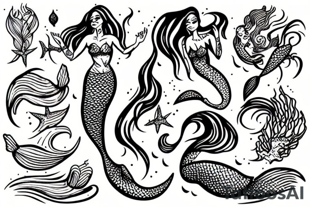 Mermaid on a rock with waves splashing around her tattoo idea Mermaid on a rock with waves splashing around her tattoo idea
