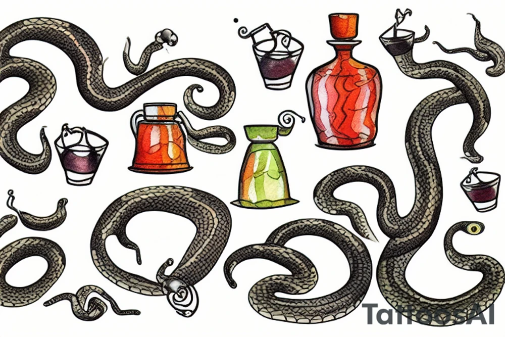 two tiny snakes with flask tattoo idea