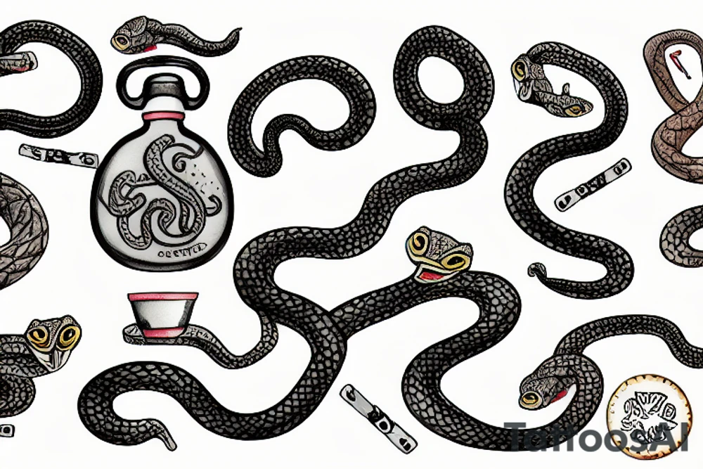 two tiny snakes with flask tattoo idea