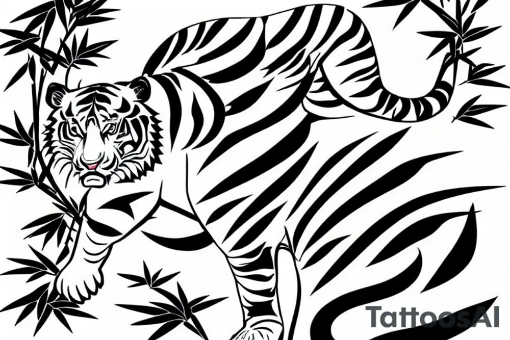 a japanse style tiger ascending with bamboo tress around it. tattoo idea