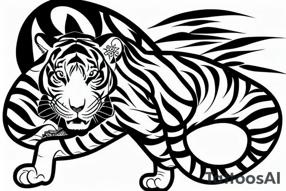 a Japanese style tiger ascending with bamboo trees around it. tattoo idea