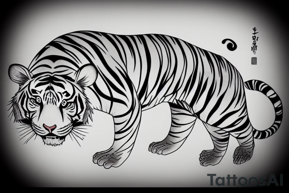 a Japanese style tiger ascending with bamboo trees around it. tattoo idea