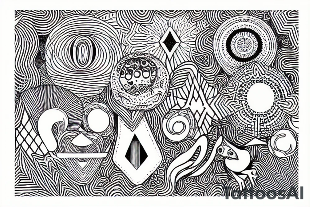 Geometric linework with psychedelic scene at the top with frogs and mushrooms tattoo idea