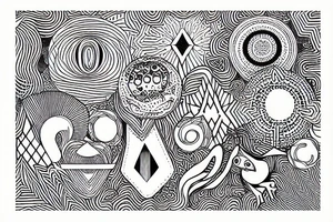 Geometric linework with psychedelic scene at the top with frogs and mushrooms tattoo idea